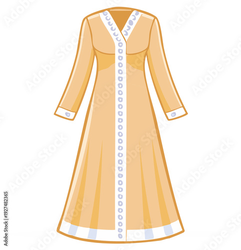 Elegant flowing gown with long sleeves in apricot hue and decorative trim details, embodying classic fashion design and versatile style