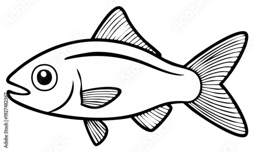 Black and white illustration of a swimming fish with detailed fins.
