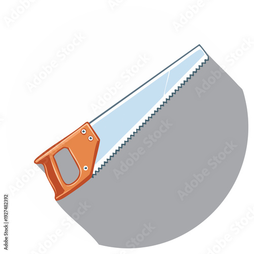 Hand saw tool with orange handle and sharp teeth on a simple grey surface with shadow