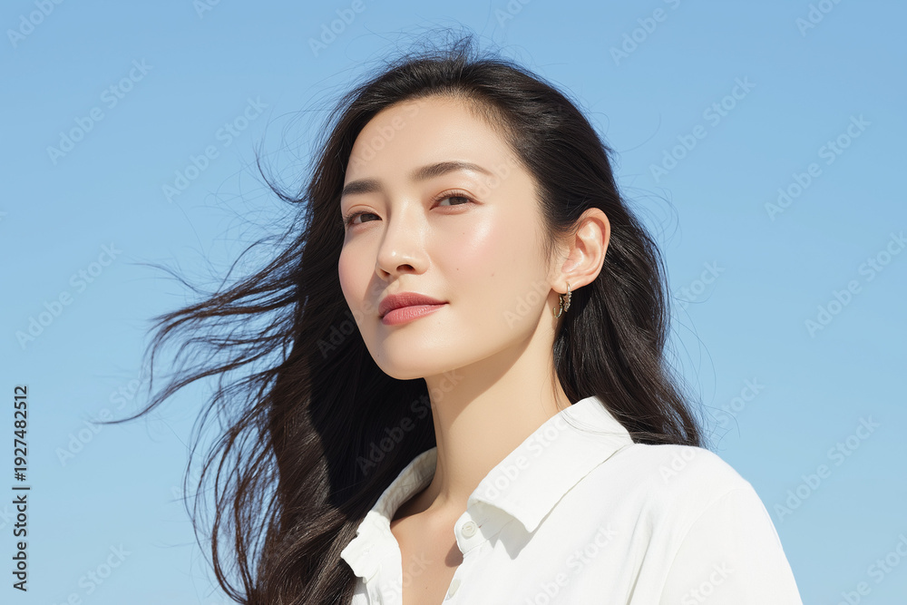Fototapeta premium 日本人, 女性, ビューティー, スキンケア, 美肌, 透明感, 40代, 青空, 自然光, 爽やか, 笑顔, ポートレート, ナチュラル, 清潔感, 化粧品, コスメ, 健康的, 白, キャミソール, 美白, 輝き, ライフスタイル, ミニマル, 広告素材, コピースペース, 清楚, 屋外, 夏, 1人, モデル, 黒髪, ロングヘア, 美しい, 基礎化粧品, 洗顔, 保湿, エステ, 美容液,