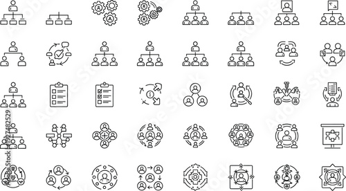 Black line teamwork organization icons set, team structure hierarchy, synergy collaboration networking, planning strategy leadership, group people