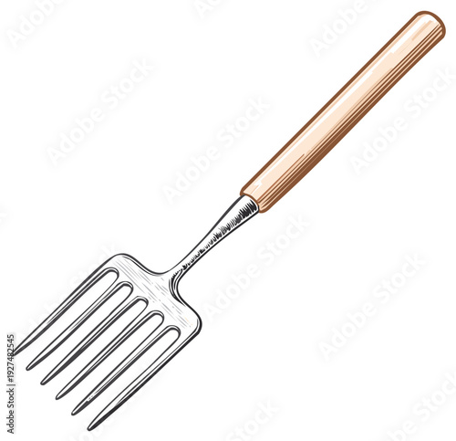 Hand drawn garden digging fork with a wooden handle vintage style vector illustration