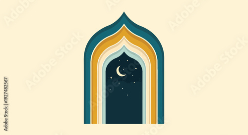 Islamic Archway with Crescent Moon at Night