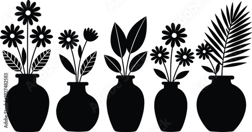 Black vector silhouette icon set of five diverse potted flowers and indoor houseplant varieties in decorative vases for home interior and garden designs