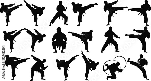 Martial arts karate silhouette collection, taekwondo fighters performing high kicks, combat training poses, isolated black vector illustration set