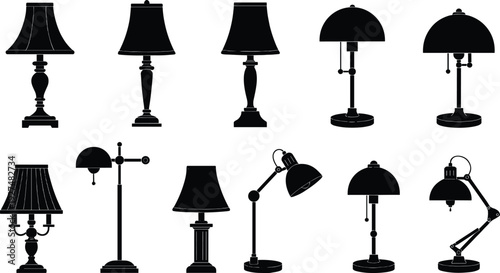Black vector silhouette icon set of twelve diverse table lamp styles including classic desk lamps and modern bedside lighting for home interior decor designs