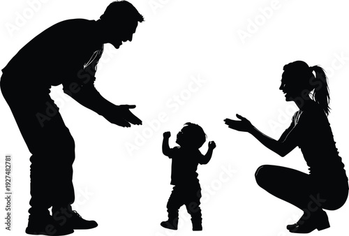 Black vector silhouette of a happy father and mother encouraging their young toddler baby to take first steps for family and parenting designs