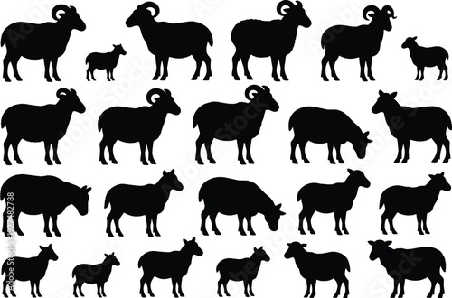 Farm animals silhouette collection, sheep goat ram lamb isolated black icons set agriculture livestock vector illustration