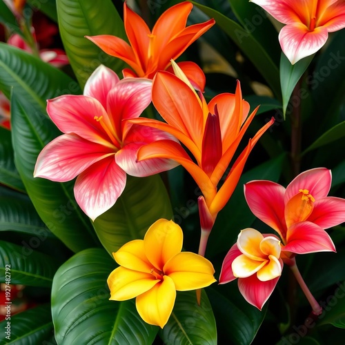 Exotic tropical flowers in full bloom, showcasing bright colors and intricate petal details,  rainforest,  vibrant