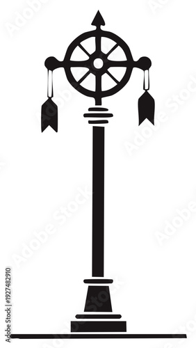 Decorative pole with a wheel, arrow, and hanging flags in graphic style
