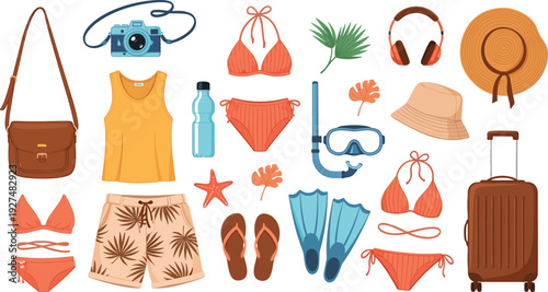 Beach Summer Vacation Vector Illustration Set with Bikini Swimwear Suitcase Snorkel Mask Camera and Tropical Travel Accessory Icons