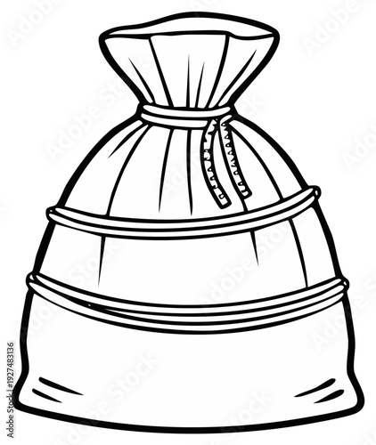 Drawn illustration of a sack tied with a ribbon and rope