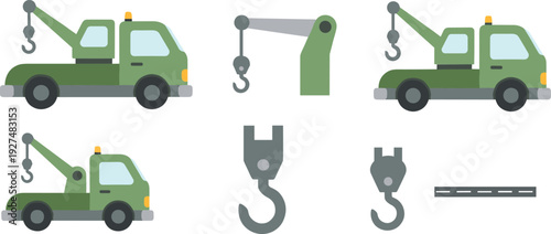Green Tow Truck Vector Illustration Set with Breakdown Service Recovery Vehicle and Wrecker Crane Hook Icons for Roadside Assistance Design