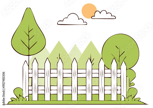 Cartoon landscape with white picket fence green trees sunny sky and clouds