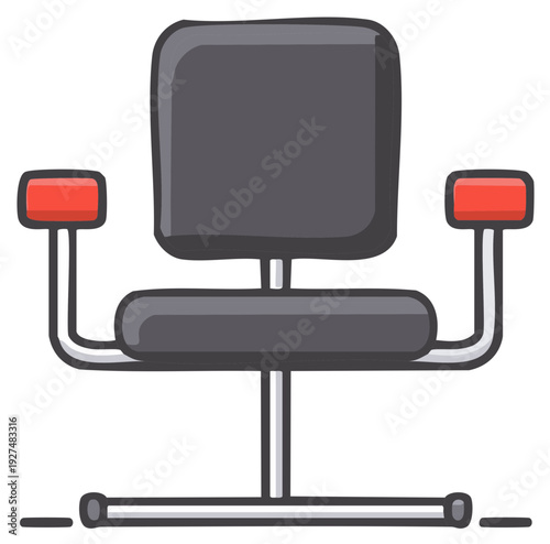 Modern office chair with dark gray seat and red armrests on a metal base