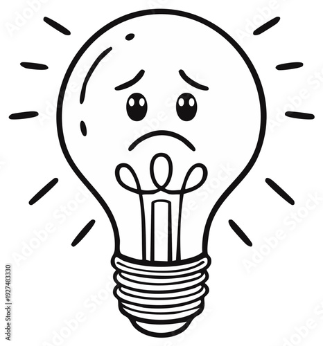 Sad light bulb with worried face and glowing rays emitting from head