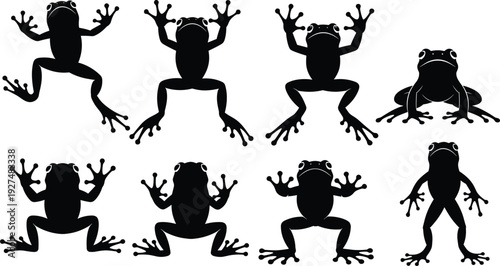 Black frog silhouette set featuring different poses, jumping and sitting amphibians with webbed feet, wild tropical toad icons isolated on white,