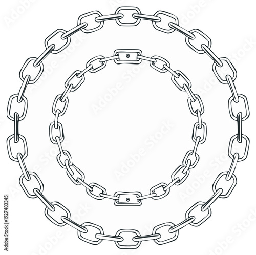 Detailed outline illustration of two interconnected metal chains forming concentric circular frames