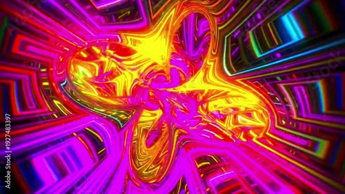 Abstract colorful psychedelic geometric tunnel background with glowing neon lights 4k