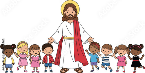 Cartoon illustration of Jesus Christ with a group of diverse children from different ethnicities for Sunday school Bible stories and religious education branding