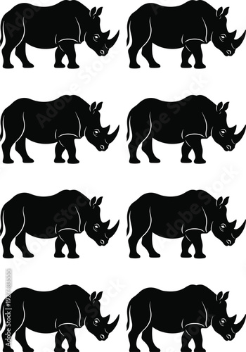 Black rhinoceros silhouette set featuring multiple rhino vector icons isolated on white background, wildlife animal clipart collection for logo, print, and design use