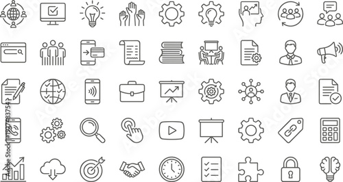 Business management teamwork icon set, leadership strategy collaboration innovation meeting graph target handshake puzzle briefing vector line illustration seamless pattern background