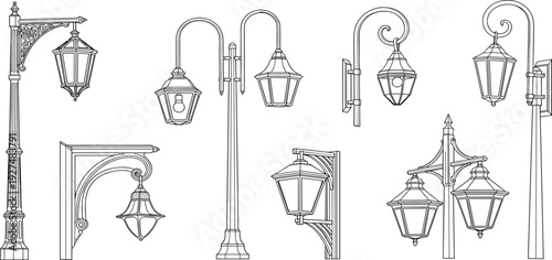 Collection of Various Street Lamp Designs Illustrated in Black and White