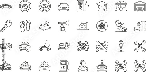 Car Service and Auto Maintenance Line Icons Set Including Repair Tools Fuel Wash Parking Insurance and Vehicle Care Outline Vector Illustration