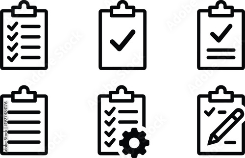 Checklist clipboard task management icon set, to do list checkmark verified approval document notepad pencil gear vector line illustration seamless pattern background