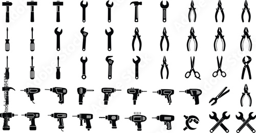 Black silhouette vector collection featuring hammers, screwdrivers, wrenches, pliers, electric drills, and power tools for construction, home repair, and hardware design.