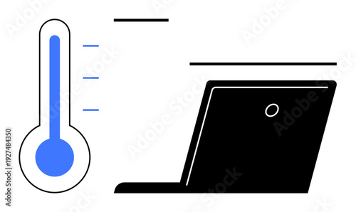 Heat management, device performance, digital tools, temperature tracking, technology, system optimization. A thermometer next to a laptop. Heat management and device performance concept