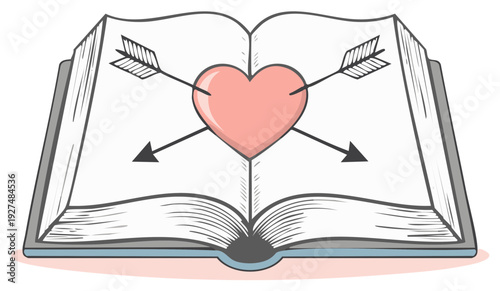 Heart pierced by arrows in an open book, illustration