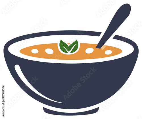 Bowl of Orange Soup with Spoon and Fresh Herbs Vector Graphic Illustration
