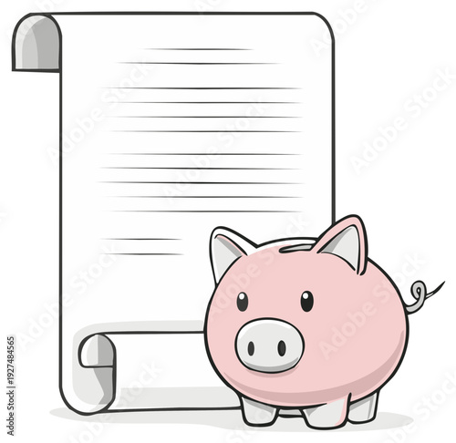 Financial planning concept with a cute piggy bank and a blank list for savings goals