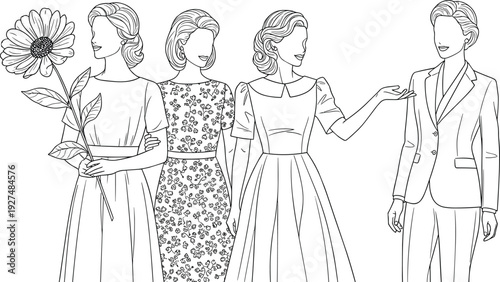 Four people in formal attire standing together, with one woman adjusting a man's suit, surrounded by elegance and sophistication.