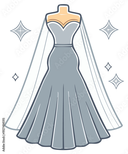Elegant wedding dress with veil displayed on mannequin, adorned with sparkles