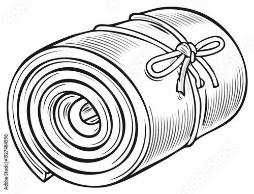 Rolled up sleeping bag with tie knot illustration in black and white hatching style