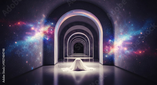 Wallpaper Mural A long hallway of repeating arches filled with galaxy textures and a white cloth covering an object in the center Torontodigital.ca