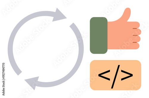 Development process, approval workflow, agile methodology, teamwork, iterative process, programming concepts. Circular cycle, thumbs-up hand and coding symbol. Development process and approval