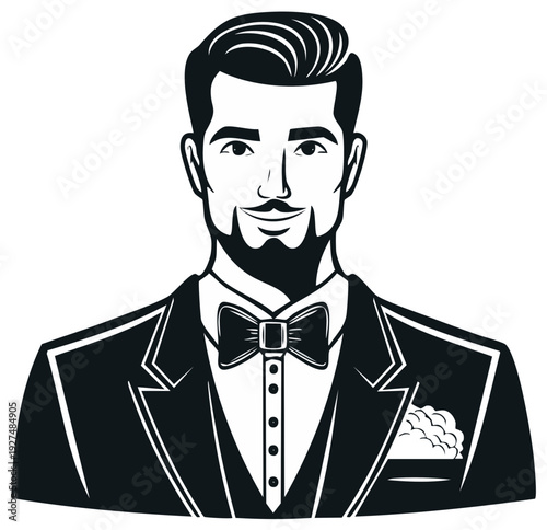 Elegant man in tuxedo vector illustration showcasing classic formal attire with bow tie and pocket square graphic design
