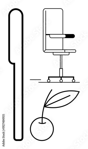 Office furniture, food packaging, graphic design, logo concepts, minimalism, and business . Line art of an office chair, cherry and vertical object. Minimalism and graphic design concept
