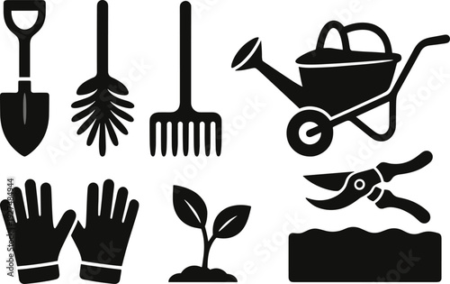 Set of Black Minimalist Gardening Tool Icons Including Shovel Rake Wheelbarrow Gloves and Pruners Isolated on White Background for Horticulture Design and Agriculture Vector Art.