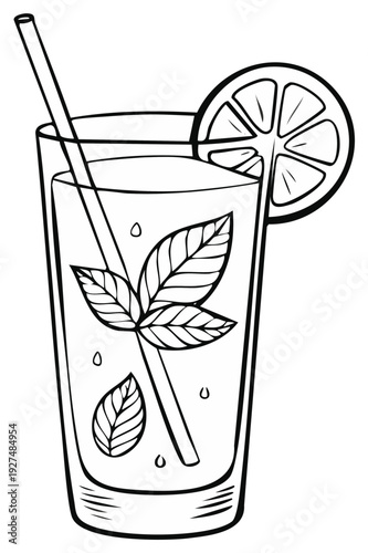 Illustration of refreshing drink with citrus and mint in tall glass