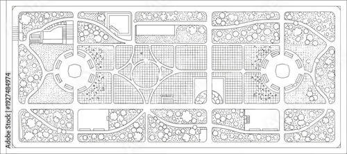 Detailed Architectural Blueprint Featuring Various Landscape Designs and Structures from an Overhead Perspective
