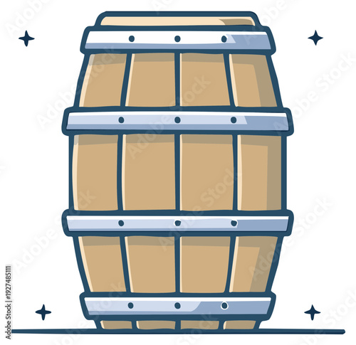Wooden barrel cartoon with metal hoops and stars, isolated element.