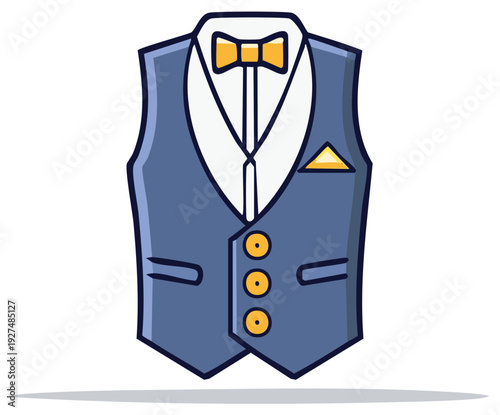Cartoon illustration of a blue vest, bow tie, and white shirt on a white backdrop.