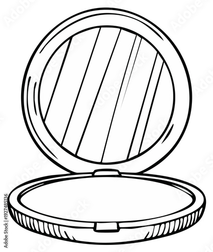 Open compact mirror with reflection, illustration of face makeup accessory