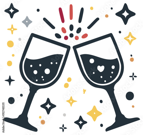 Celebration with Clinking Wine Glasses and Festive Confetti Stars Vector Illustration