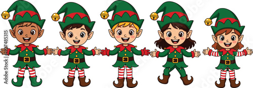 Set of Diverse Cute Christmas Elves Cartoon Characters Wearing Green Outfits and Pointy Hats Isolated on White Background for Holiday Season Vector Design
