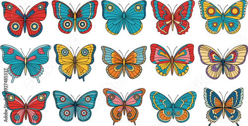 Colorful vector illustration set of diverse butterflies with ornate wing patterns and eye spots for nature conservation spring garden education and insect branding